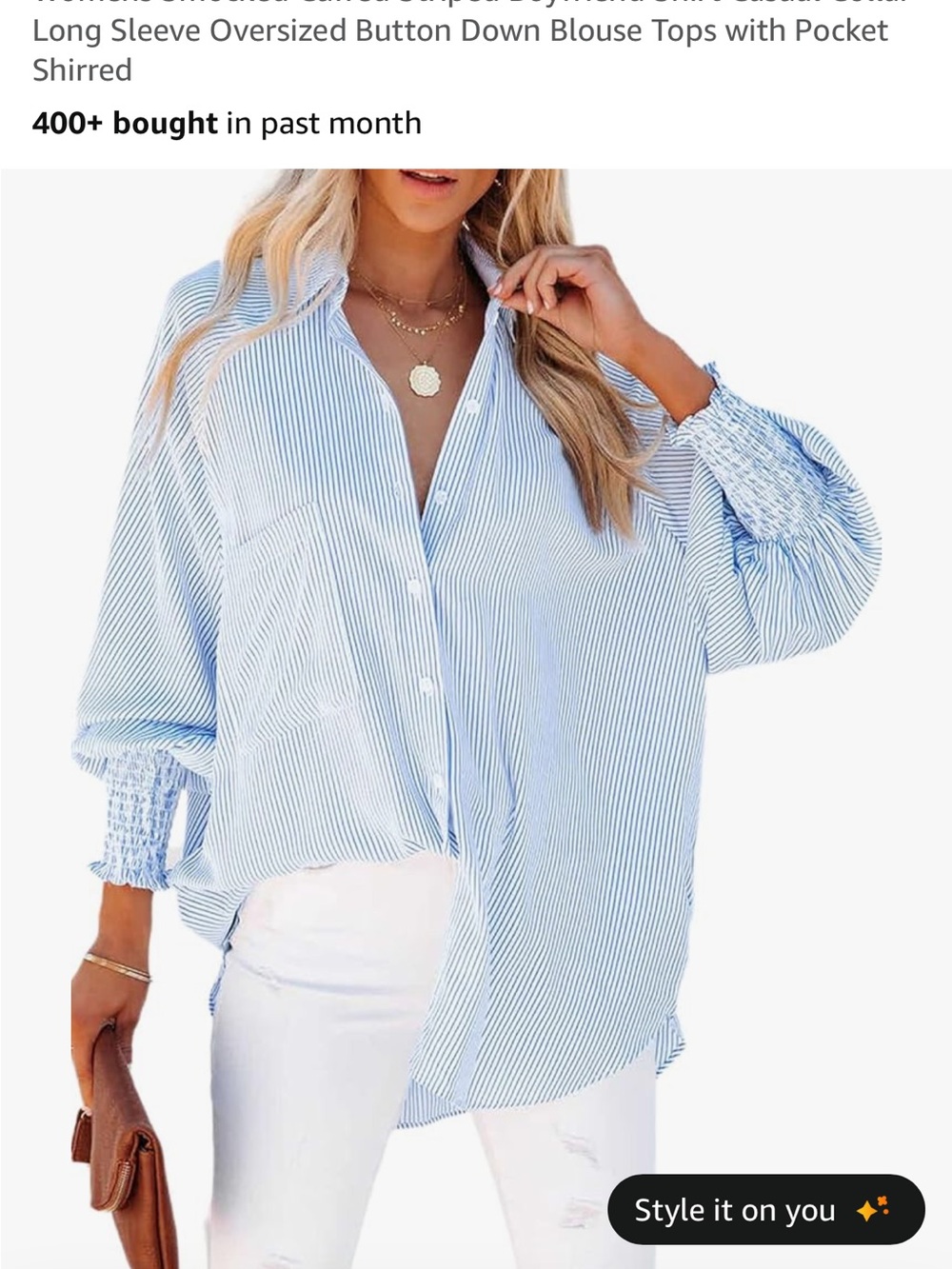 Amazon Light Blue Striped Oversized Button-Down Blouse
